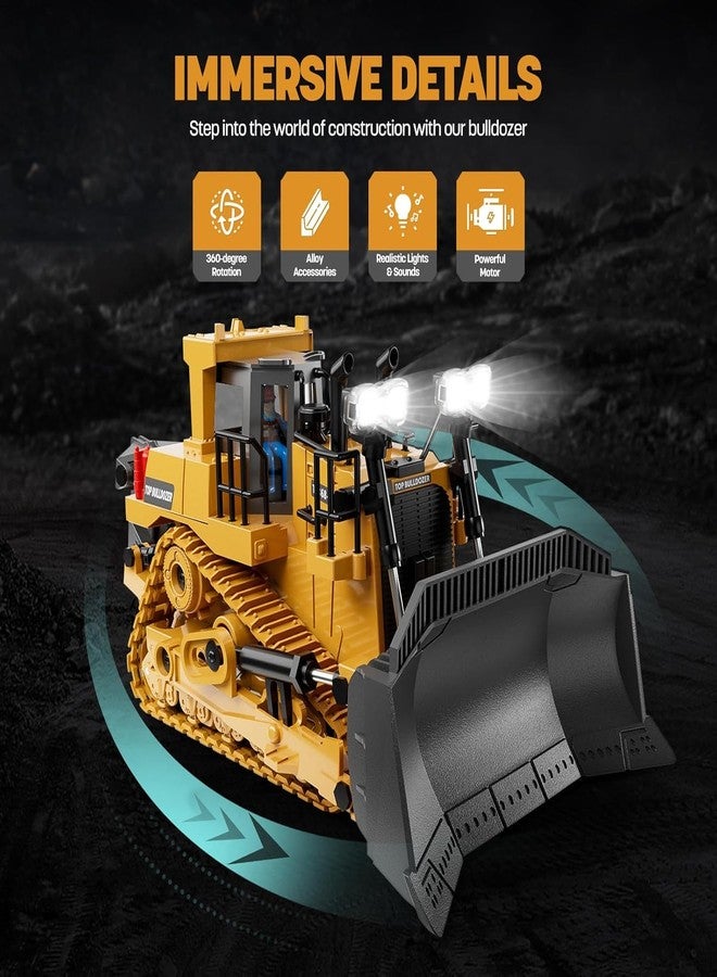 RABRA Bulldozer Toy Boys Construction Vehicle Toys for 6 7 8 9 10 11 Boy Toys for Kids Birthday Gifts Ideas with Light Sound Metal Shovel Ripper Dozer Front Loader Toy 9 Channel 2.4Ghz Gift, Yellow - Image 5